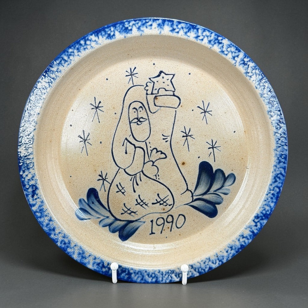 Eldreth Pottery 1990 Salt Glazed Stoneware Santa Claus Plate Blue White 11in